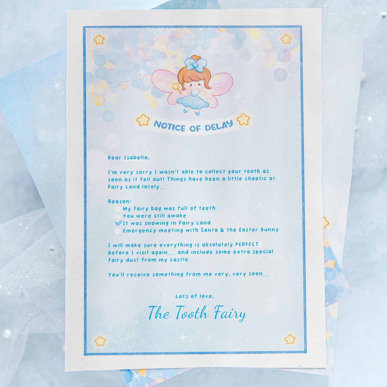 Notice of Delay - Personalised Tooth Fairy Letter (Blue)