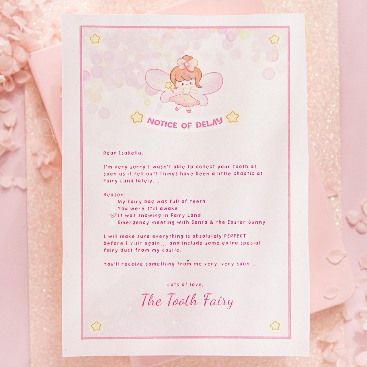 Notice of Delay - Personalised Tooth Fairy Letter (Pink)